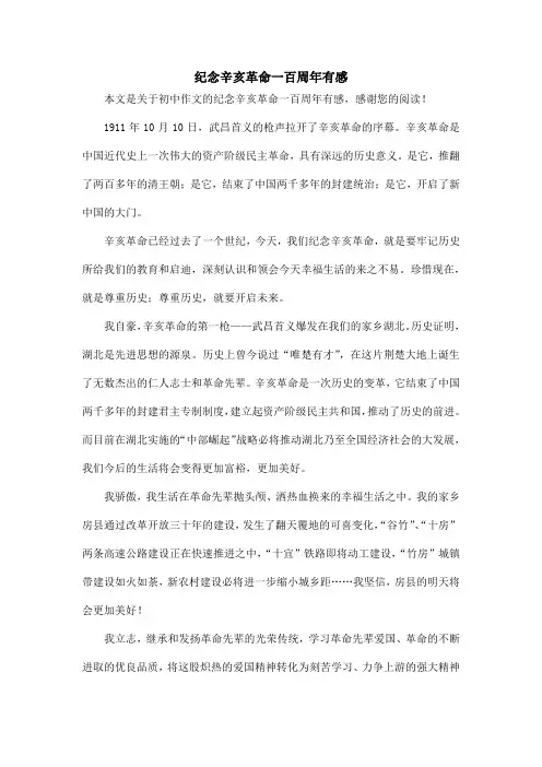 纪念辛亥革命一百周年有感_初中作文