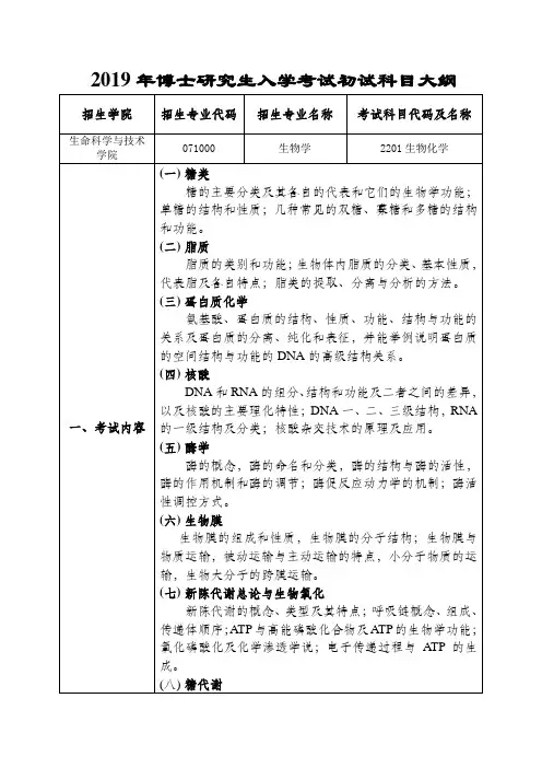 2019年博士研究生入学考试初试科目大纲