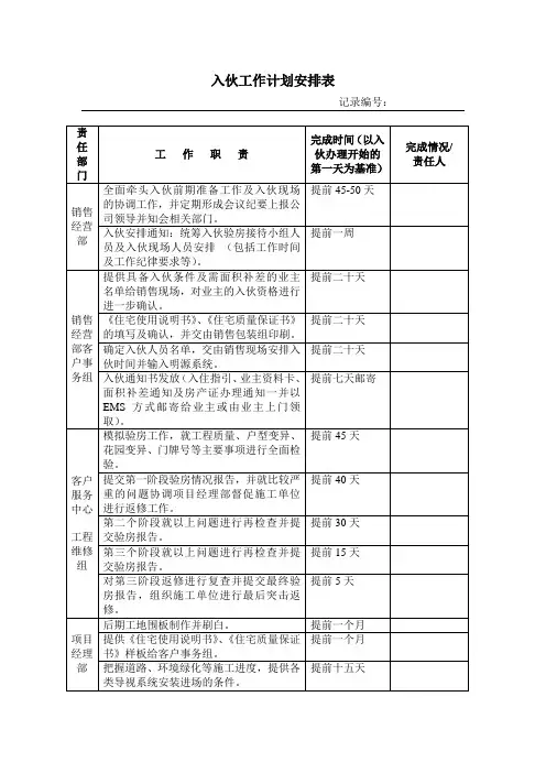 入伙工作安排计划表