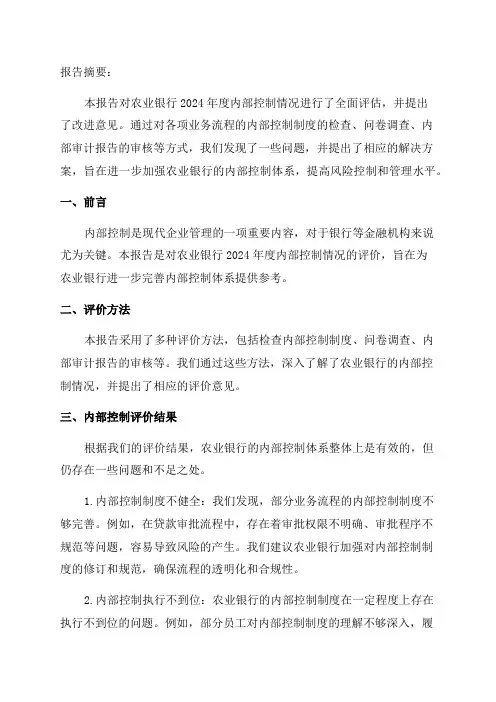 农业银行2024年度内部控制评价报告