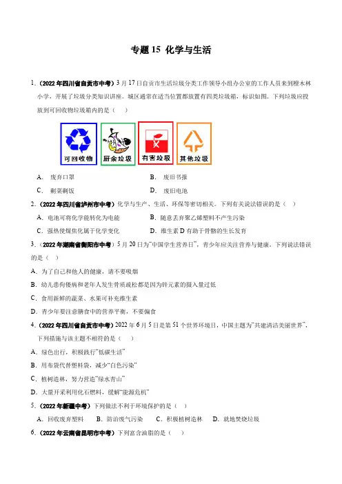 专题15 化学与生活-2022年中考化学真题分项汇编(全国通用)(第01期)(原卷版)