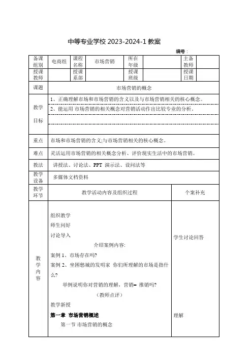 中职市场营销教案：市场营销的概念
