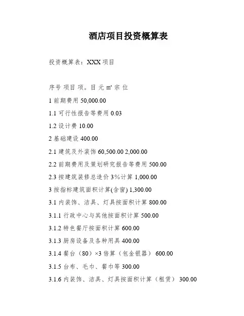 酒店项目投资概算表
