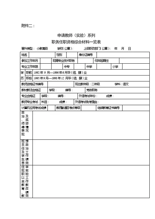 申请教师(实验)系列职务任职资格综合材料一览表