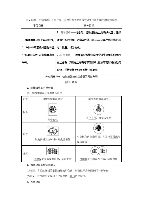 人教版 必修一   动物细胞的有丝分裂、无丝分裂和观察根尖分生区组织细胞的有丝分裂 教案
