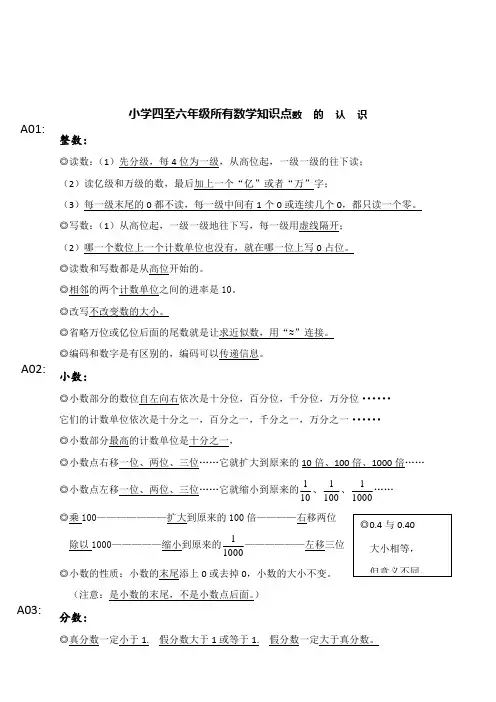 小学一至六年级所有数学公式知识点