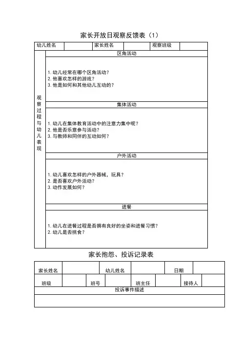 幼儿园家校联系表格：家长开放日观察反馈表(1)
