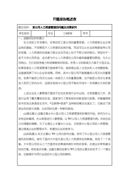 《某公司人力资源管理的问题及对策研究》开题报告