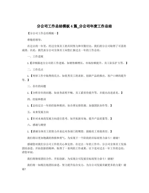分公司工作总结模板4篇_分公司年度工作总结