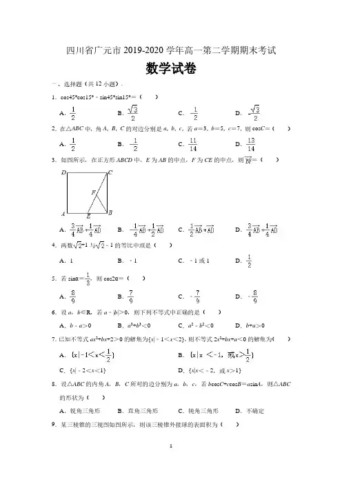 四川省广元市2019-2020学年高一下学期期末教学质量监测数学试题(解析版)