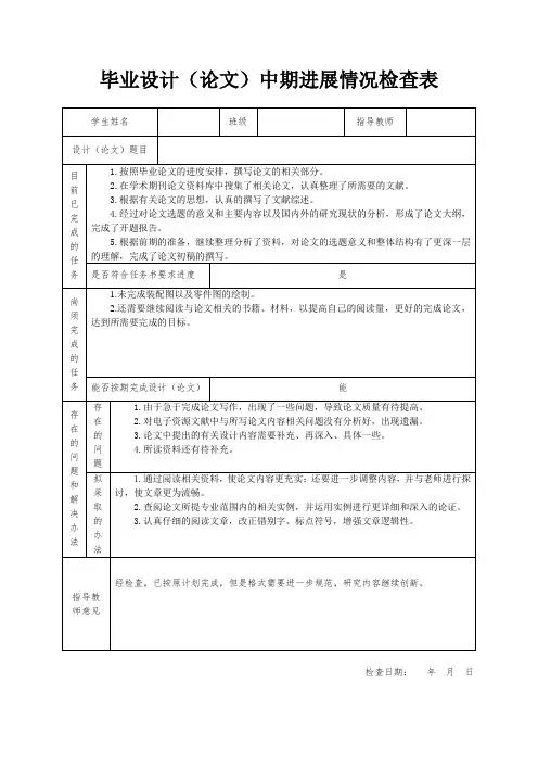 毕业论文(中期检查表)模板