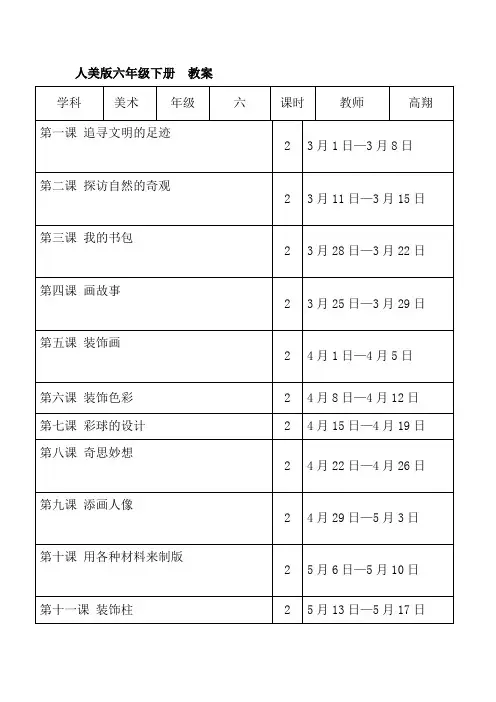 人美版小学美术六年级下第12册教案(带反思、德育)