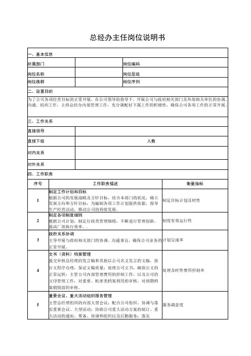 总经办主任岗位说明书