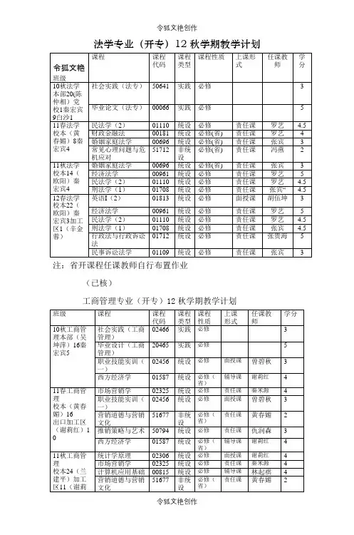 法学专业(开专)12秋学期教学计划之令狐文艳创作