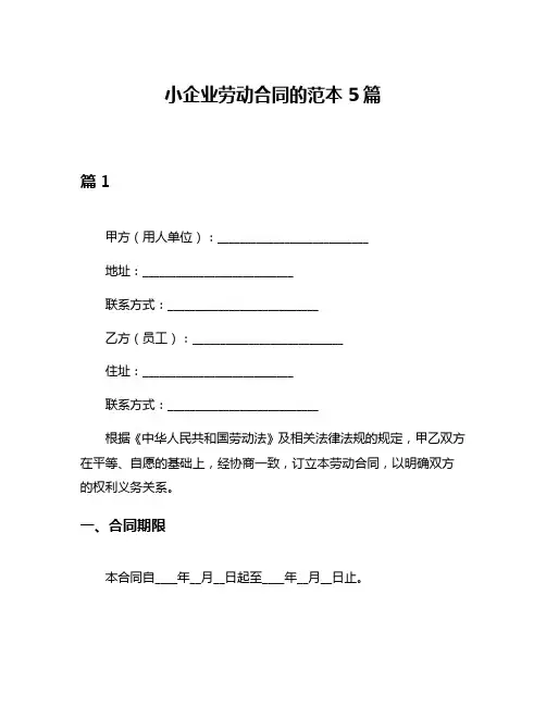 小企业劳动合同的范本5篇