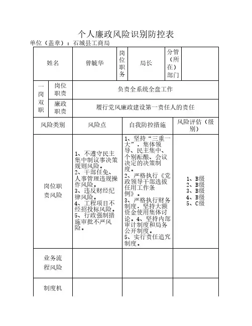 个人廉政风险识别防控表(样表)