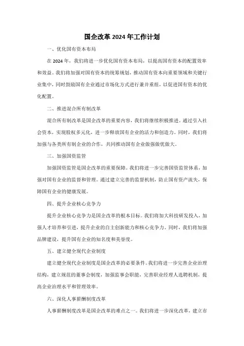 国企改革2024年工作计划