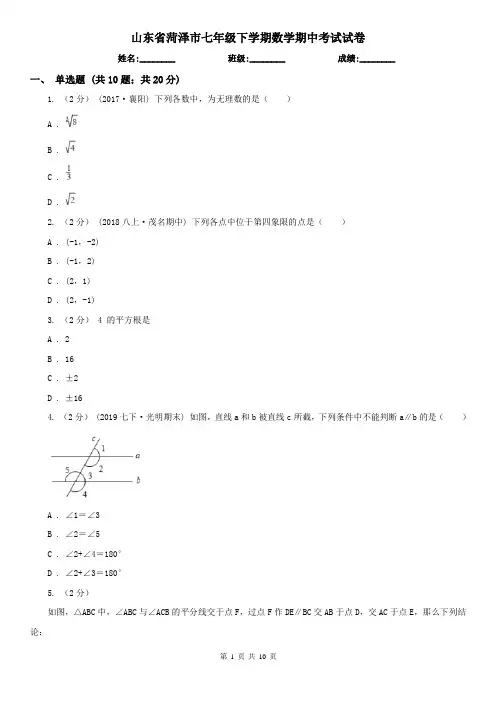 山东省菏泽市七年级下学期数学期中考试试卷