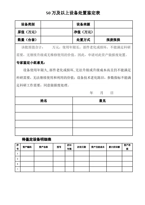 50万及以上设备处置鉴定表
