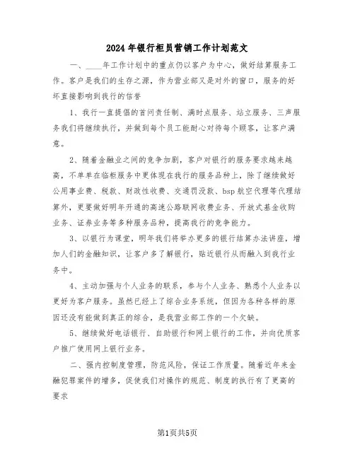 2024年银行柜员营销工作计划范文（二篇）