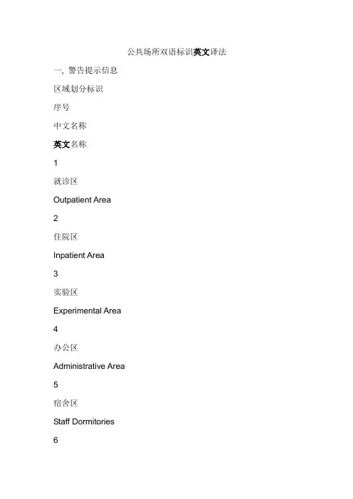 医院公共场所双语标识英文译法
