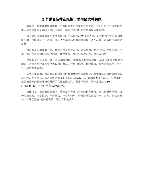 2个藜麦品种在张掖市甘州区试种初报
