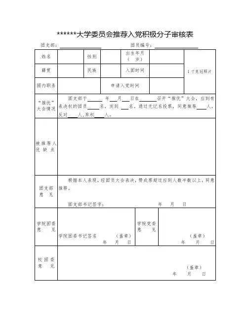 大学委员会推荐入党积极分子审核表