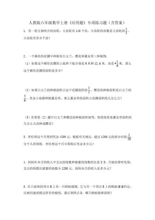 人教版六年级数学上册《应用题》专项练习题(含答案)