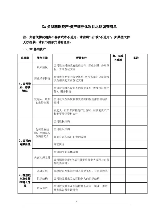 xxx类型基础资产-资产证券化项目尽职调查资料清单(汇总)