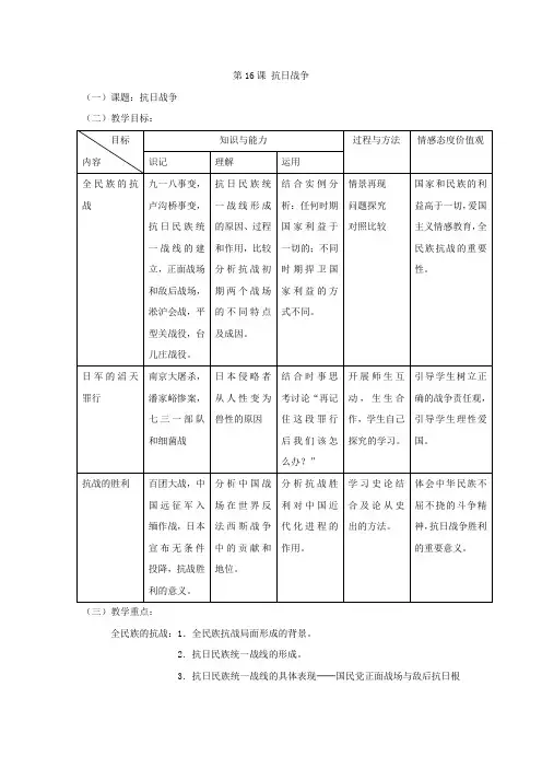 教学设计1：第16课 抗日战争