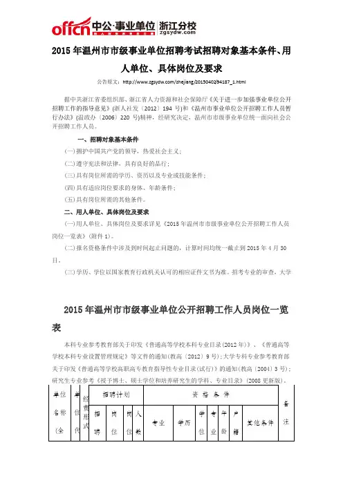 2015年温州市市级事业单位招聘考试招聘对象基本条件、用人单位、具体岗位及要求