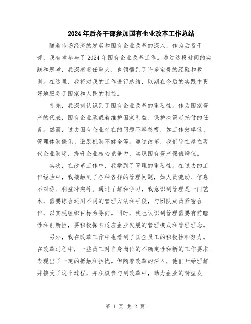 2024年后备干部参加国有企业改革工作总结