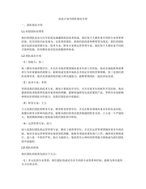 创业计划书团队情况介绍