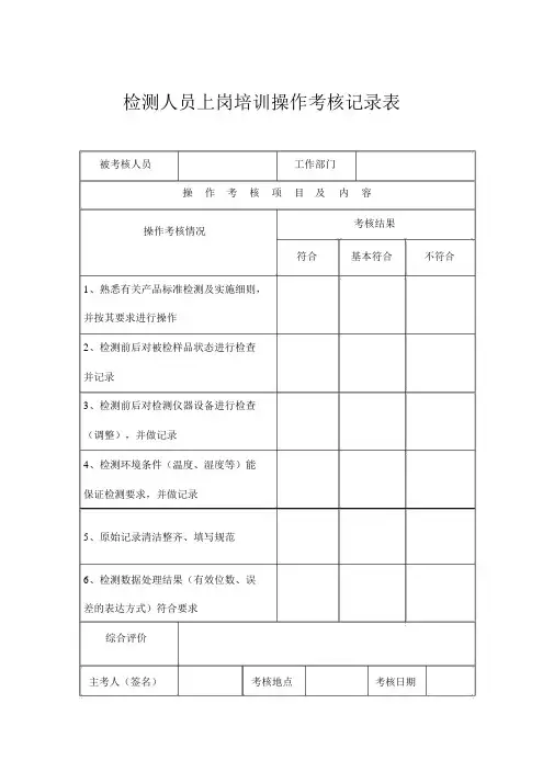 检测人员上岗培训操作考核记录