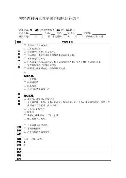 神经内科病毒性脑膜炎临床路径表单