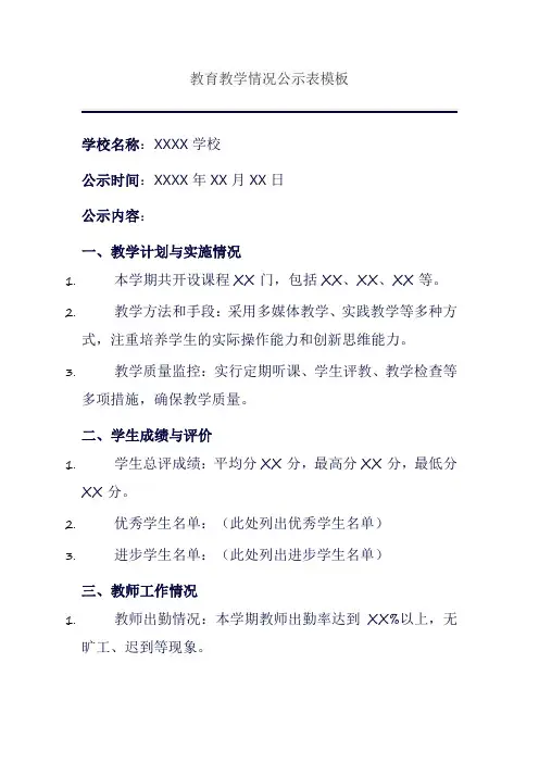 教育教学情况公示表模板