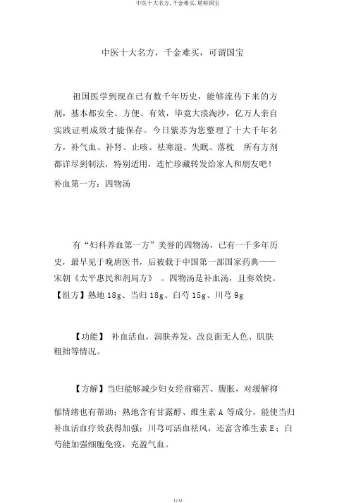 中医十大名方,千金难买,堪称国宝