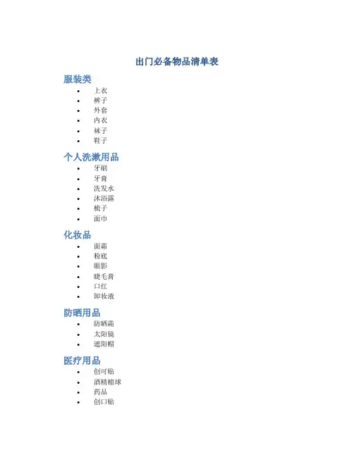 出门必备物品清单表