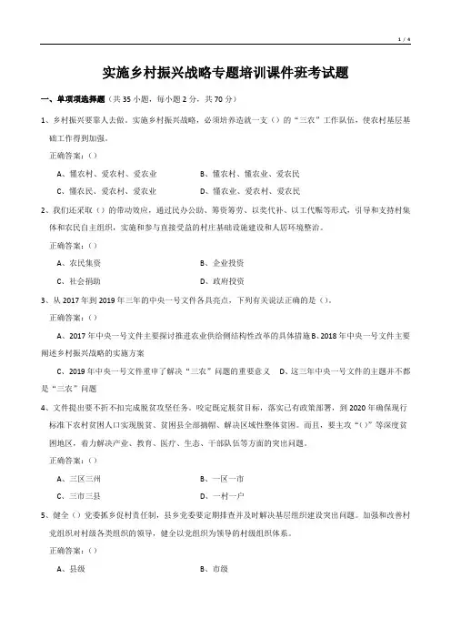 实施乡村振兴战略专题培训课件班考试题