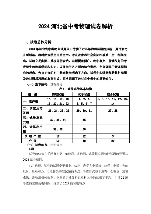 2024河北省中考物理试卷解析