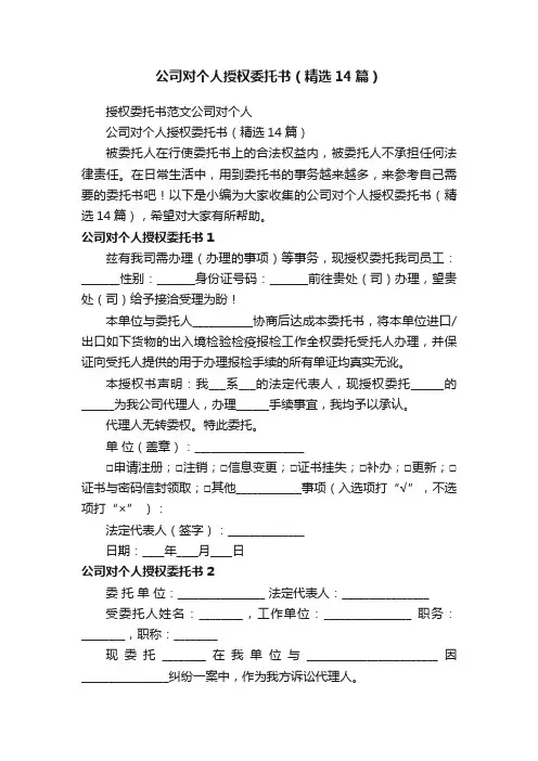 公司对个人授权委托书（精选14篇）