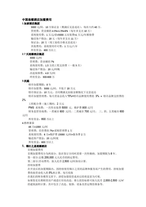 中国连锁酒店加盟费用