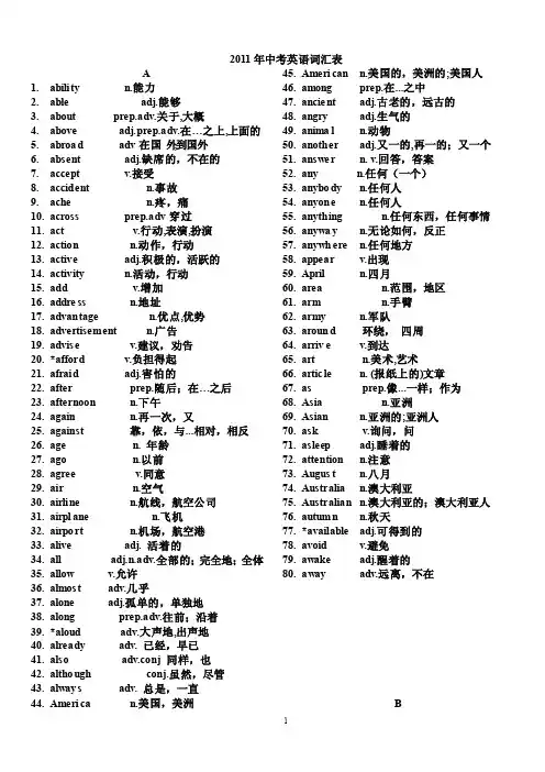 2011年深圳中考英语基础词汇表