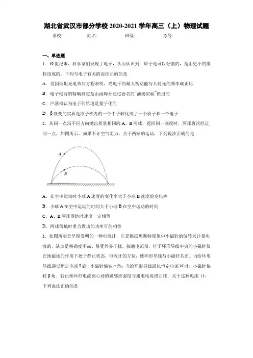 湖北省武汉市部分学校2020-2021学年高三(上)物理试题