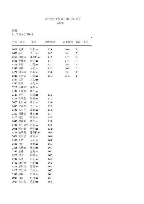 重庆理工大学第三届运动会成绩册