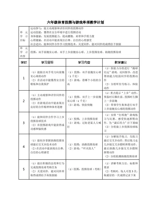 六年级体育投掷与游戏单项教学计划