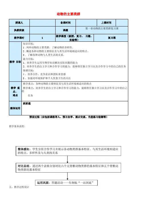 八年级生物上册第5单元动物的主要类群复习教案新版新人教版