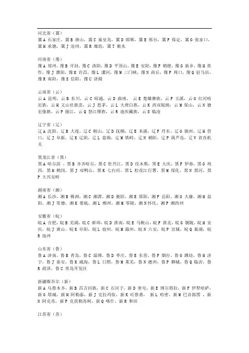 全国各地车牌字母代表城市