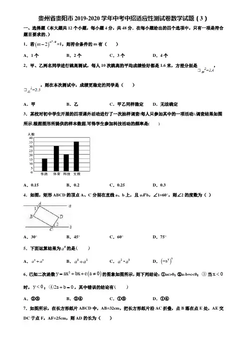 【附5套中考模拟试卷】贵州省贵阳市2019-2020学年中考中招适应性测试卷数学试题(3)含解析