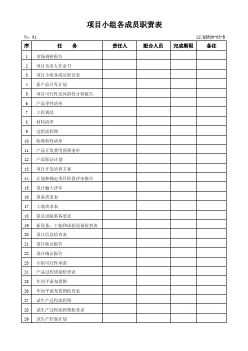 项目小组成员职责表